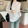 Foto Real de Camiseta de Manga Larga con Calados Estilo Europeo para Mujer Primavera 2025 Nueva Única Camiseta Básica Top Holgado