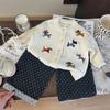 Roupas infantis coreanas 2024 novo outono meninas desenho animado suéter de malha cardigan crianças bolinhas calças de perna larga conjunto de duas peças