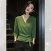 Camisa con Lazo Ajustable a la Cintura Estilo Maduro Ligero Nuevo Diseño Verde Verano 2026 Top de Alta Gama para Mujer de Oficina