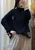 Suéter de algodón para mujer, holgado, talla grande, cuello semialto, oculta imperfecciones corporales, para otoño, con parches estilo étnico, no hace bolitas, suéter de punto para usar como capa base