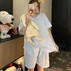 Conjunto de Pijama de Encaje Azul Rayado para Mujer Verano Manga Corta Pantalones Cortos Conjunto Ropa de Dormir para Estudiantes Hogar