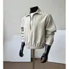 Jaqueta de camisa casual da moda, estilo old money de outono, imitação de duas peças, camisa com imitação de gola polo, camada interna de linho de manga longa masculina de corte solto