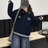 Moletom com Gola Lapela Estilo Academia para Meninas Primavera e Outono para Meninas Mais Velhas Top Casual Estiloso Alunos do Ensino Fundamental Jeans Largos Tendência