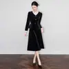 2513408-Nanyou Vestido Social Feminino de Veludo Elegante Estilo Hepburn Francês com Babados Cincha-Cintura Novo