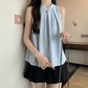 Camisa de Gola Sem Mangas Estilo Coreano Verão Feminino Nova Moda Decote Redondo All-match Elegante Chic Plissado Azul Top Na Moda