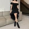 Em Seul Vestido Assimétrico Preto com Babados para Mulheres Verão Novo Um Ombro Cintura Saia Sexy para Mulheres