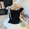 Camiseta de Encaje Francés de Moda sin Hombros de Manga Corta para Mujer en Verano, Top Corto de Punto Chic y Hermoso