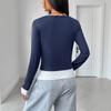 Baifen Clothing2025 Novo Cruzamento Casual Estilo Preguiçoso Gola Redonda Ajuste Slim Bloqueio de Cor Falso Duas Peças Manga Longa para Mulheres