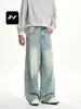 Jeans Rectos Lavados, Rasgados, Agujereados, Adelgazantes, Tridimensionales, Sueltos, Casuales Largos, Estilo Americano Azul Claro Fengmei para Hombres y Mujeres