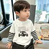 Camiseta Transpirable de Algodón Puro de Manga Larga Casual para Niños, Modelo Nuevo 2026 para Niños Mayores, Cuello Redondo, Top Rayado de Falso Dos Piezas