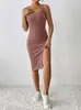 Vestido de Alça Slim com Fenda Lateral de Cor Lisa, Novo Lançamento Primavera/Verão 2025, Europeu e Americano, Venda Quente Transfronteiriça na Amazon