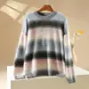 Suéter de lã fina com gola redonda, listrado color-block com design de listras clássicas, delicado e quente, versátil para outono e inverno, oferecendo um toque de luxo.