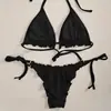 Amazon 2027 Nuevo Bikini de Dos Piezas Triángulo con Cordones y Cuello Halter para Mujer Traje de Baño Sexy de Cintura Alta Europeo y Americano Venta al por Mayor