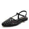Sandalias Planas Versátiles con Remaches Dorados y Diseño Vintage de Punta Hueca, Sandalias Romanas de Tira en T para Mujer de Verano H605-58