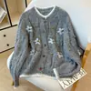Cardigan de tricô redondo estiloso com flores tridimensionais para mulheres, jaqueta suéter de crochê artesanal de outono e inverno para mulheres