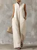 Superventas transfronterizo de Amazon en stock: Enterizo estilo vacacional con cuello mao, sin mangas, de lino, abotonado, pantalón ancho de corte holgado para mujer