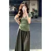 Camisa Retro Estilo Francés Verde con Mangas Murciélago, Cuello Entallado, Mangas Cortas, Corte Ajustado, Diseño Ceñido a la Cintura y Top Único para Mujer