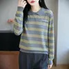 Camisa versátil de lana finamente hilada, ligera y cálida, con rayas, cuello clásico, manga larga, para mujer, para primavera y otoño, estilo commuter