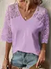Amazon 2026 nuevo top casual de verano cruzado europeo y americano, holgado, cuello en V, hueco, color sólido, manga de cinco cuartos para mujer