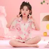 Pijama de Algodón Crepé Burbuja de Verano para Niños Cardigan con Solapa Manga Corta Pantalones Cortos Ropa de Casa Linda y Dulce para Niños Pequeños, Medianos y Grandes
