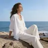 Cross2026 Camisa Casual de Color Sólido Nueva para Primavera y Otoño Camisa de Algodón y Lino Elegante de Manga Larga con Botones para Mujer Europea y Americana