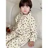 Conjunto de Pijama de Lã Coral Outono/Inverno para Crianças (Meninos e Meninas), Pijama de Zíper Meio e Gola Alta com Desenho, Conjunto de Duas Peças Espesso