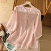 Camisa casual de algodón y lino de talla grande, corte holgado, para primavera y otoño del sudeste asiático, con bordado elaborado y manga tres cuartos