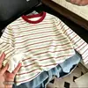 Camiseta de Manga Larga a Rayas de Algodón Puro, Nueva Moda Primavera y Otoño para Niños, Estilosa y de Corte Holgado, Camiseta Básica Versátil para Niños Mayores