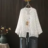 Otoño 2024 Top Fresco Pequeño Estampado de Lunares Cuello Camisero Cuello en V Dobladillo con Cordón Holgado Bolsillo Grande Chaqueta de Algodón