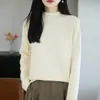 Nuevo Suéter de Punto de Algodón Puro para Otoño/Invierno 2026 con Borde Enrollado, Cuello Medio Alto, Manga Larga para Mujer, Color Sólido, Holgado, Camisa Base Superior