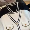Top de punto con cuello en V y manga corta estilo Chanel para mujer, elegante y juvenil, chaqueta con bloques de color nuevo para el verano 2025