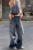 Jeans Lavados Desgastados con Bolsillos Estilo Retro Americano para Mujer, Diseño Atrevido con Botones Laterales y Rayas Verticales, Pantalones de Pierna Ancha hasta el Suelo