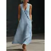 Primavera y Verano 2026 Tiktok Transfronterizo Estilo Perezoso Europeo y Americano Vestido Largo de Algodón y Lino con Botones y Cuello en V Vestido Chaleco sin Mangas