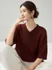Suéter de cachemira para mujer con cuello en V y dobladillo enrollado, de manga corta, estilo jersey, color liso, corte holgado, casual, versátil, simple, tejido de punto para otoño/invierno