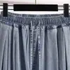 Foto real de jeans rectos de talla grande para mujer, temporada de primavera, corte holgado, adelgazantes, cintura elástica, cordón, pantalones de pierna ancha con abertura
