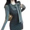 Elegante Conjunto de Vestido con Tirantes de Lunares Estilo Francés, Conjunto de Dos Piezas Top Camiseta Básica con Lazo Chica Picante de Principios de Primavera
