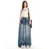 Jeans largo retrô americano com tachas para mulheres, novo design 2026, cintura alta, modelagem que afina a silhueta, relaxado, calça reta solta