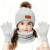 Conjunto de gorro, bufanda y guantes de punto para niños, conjunto cálido de otoño e invierno con gorro de orejeras y pompón, calentador de cuello con forro polar para niñas y bebés