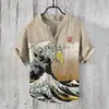 Camisa Polo de Hombre con Cuello en V Estampado Digital 3D, Lino de Bambú, 3 Materiales, Botones, Estilo Ukiyo-e Japonés, Transpirable y que Absorbe la Humedad