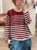 Suéter de Punto Rayado Retro Nuevo de Primavera y Otoño para Mujer, Pulóver Artístico de Hilo de Algodón, Manga Larga, Holgado, Versátil, Ropa de Punto al por Mayor