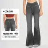 Calça Jeans Flare para Yoga de Alta Elasticidade Cruzada na Cintura, Emagrecimento e Levanta Bumbum, Calça Casual com Duplo Bolso e Efeito Desgastado