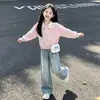 Conjunto de dos piezas para niña de estilo coreano dulce y preppy: sudadera con cuello azul marino y pantalones vaqueros casuales a la moda, para primavera y otoño