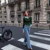 Moda Femenina Transfronteriza Europea y Americana de Amazon Camisa de Dos Piezas Falsas Bloque de Color Cuello Turn-Down Cuello en V Mangas de Campana Corte Ajustado Adecuada para Ir al Trabajo