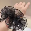 Coreia do Sul nova organza doce fada ar prego pérola intestino grosso cabelo corda anel de cabelo dupla renda bola cabeça corda