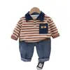2024 Nuevo Estilo Coreano Rayas de Dibujos Animados Estilo Occidental Otoño Suéteres para Niños Set de 2 Piezas Fabricante Venta al por Mayor