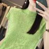 Camiseta de verano para mujer, elegante, fina, hueca, de punto, con cuello alto y manga corta, de encaje de lana peinada