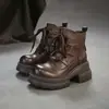 Jiezhou 2026 Otoño Nuevo Estilo Piel de Vaca Capa Superior Vintage Punta Redonda Suela Gruesa Botines Cortos con Cremallera Lateral Estilo Británico Moda Calzado para Mujer