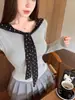 Chal con Estampado de Lunares Camiseta de Manga Larga Falsa de Dos Piezas para Mujer Principios de Otoño Ajustado Ceñido Corto Capa Interior Camiseta Base Superior