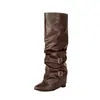Botas western femininas plissadas estilo retrô, novas botas casuais de salto grosso de cano médio da moda 2026, botas de montaria femininas de cano alto