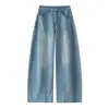Jeans azul claro vintage com barra curva para mulheres, calça casual larga de cintura alta para o outono de 2026, calça longa solta emagrecedora